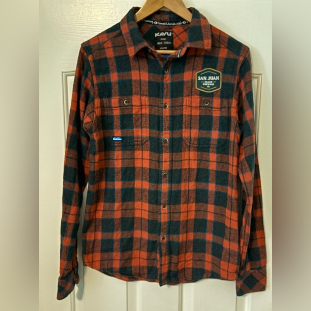 KAVU Plaid Flannel Shirt XS Red Black San Juan Island Brewing Co. Cotton